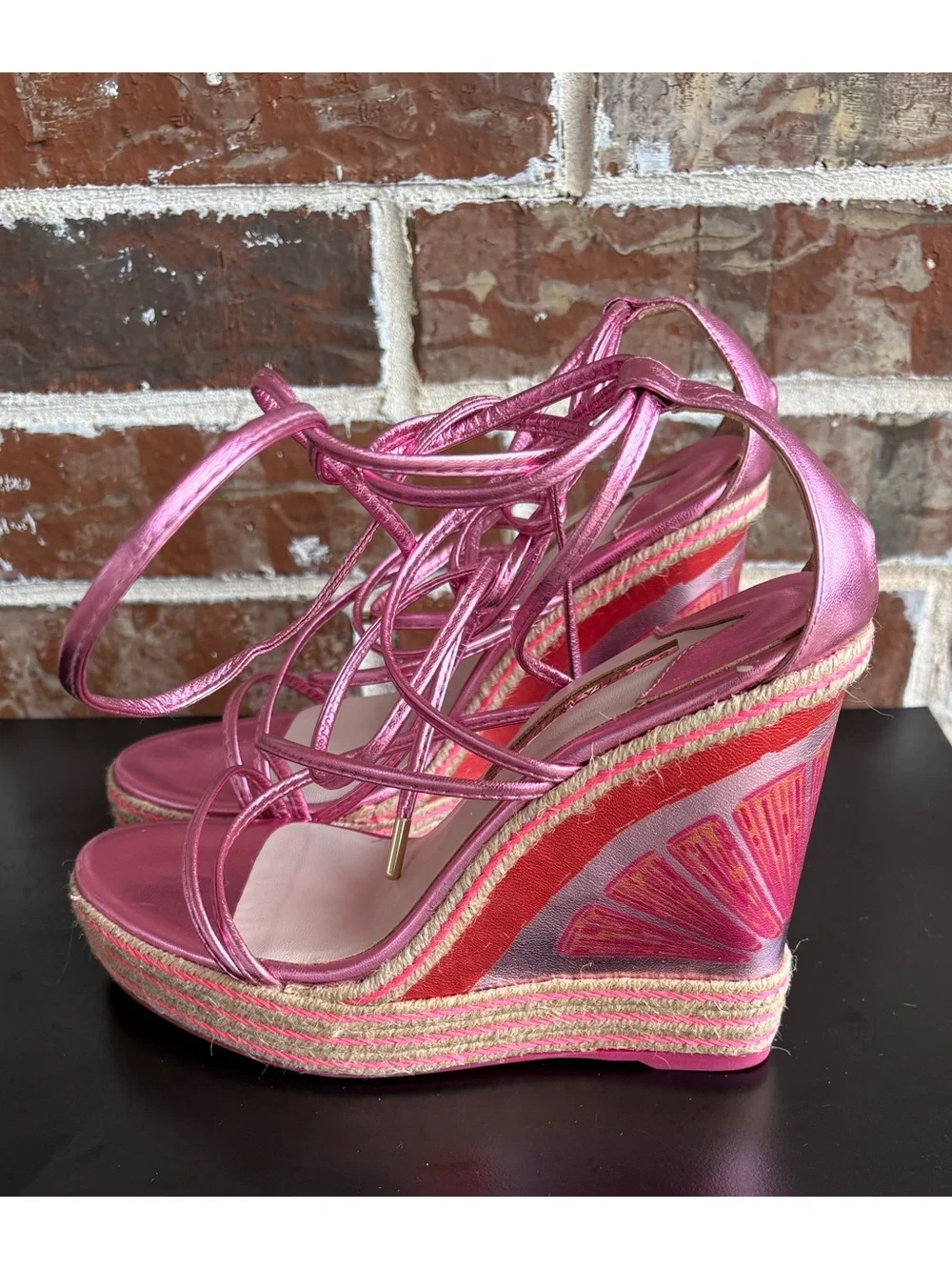 Sophia Webster Mimi Espadrille Wedge Sandals Metallic Citrus Pink EU Size 39